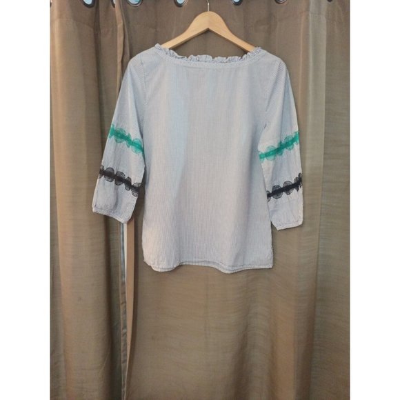 Womens Talbots Dressy Blouse Striped Blue/White Cutout Embroidered sleeves Small - Picture 7 of 8